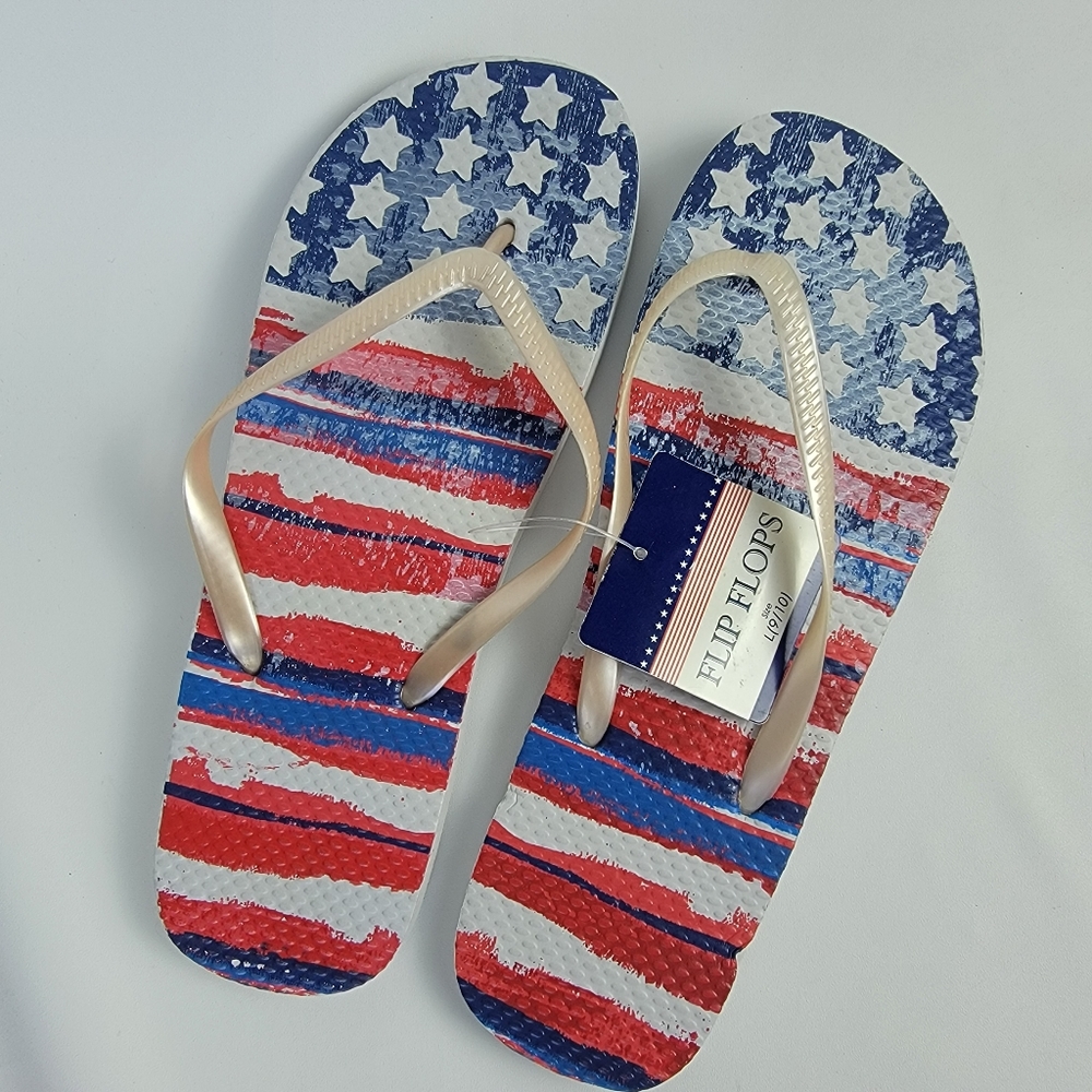 Unisex PATRIOTIC AMERICAN FLIP FLOPS Blue White Red Design Summer Shoes L-10½"